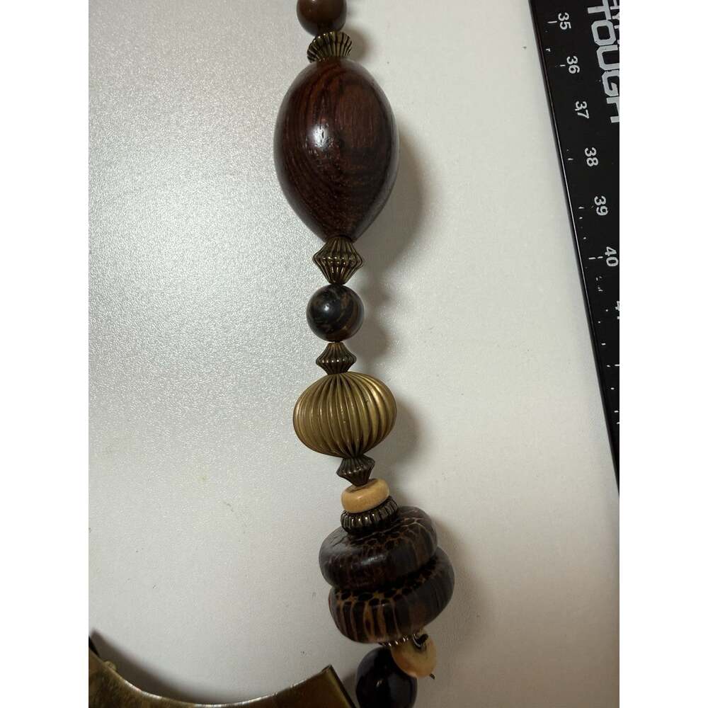 Handmade Brass Wood Statement Necklace Clip Earrings Set Boho Artisan Pendant - Picture 10 of 11